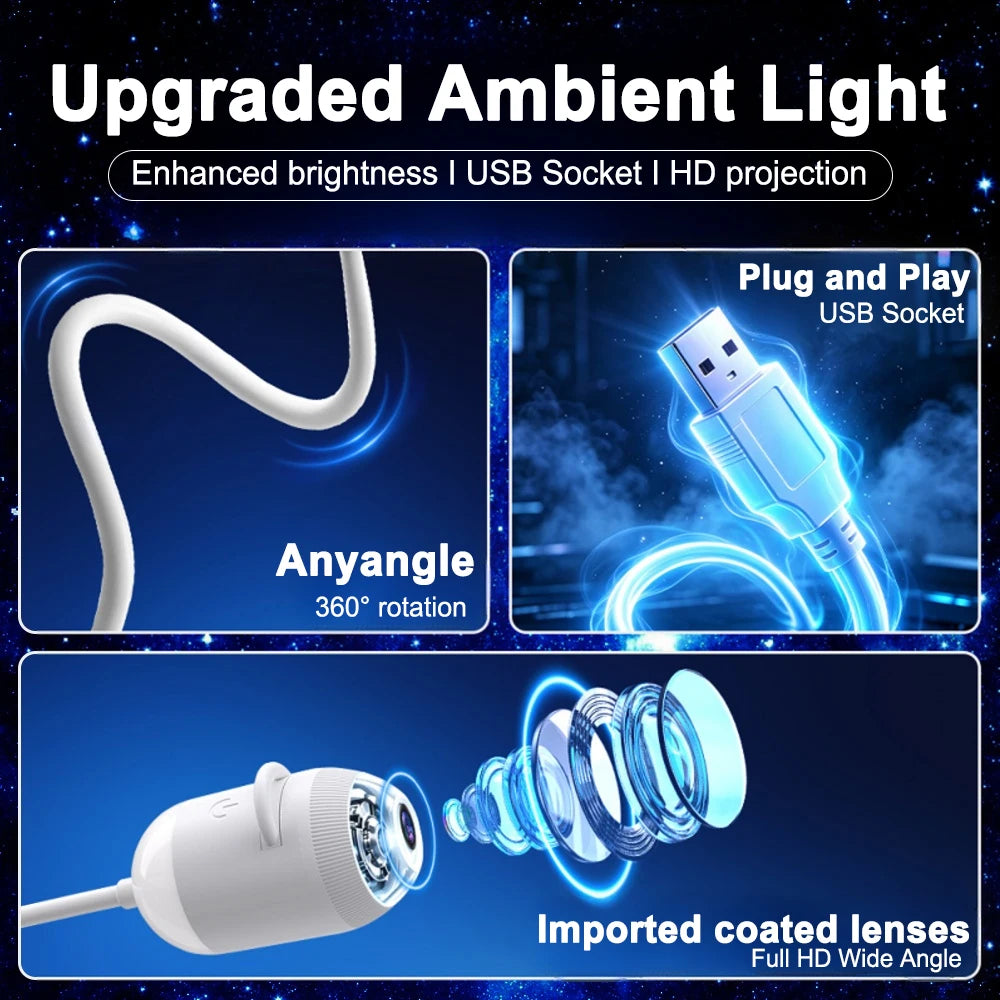 USB For Car Interior& Home Decor Roof Star Galaxy Projection Ambient Lighting 360° Adjustable Starry Sky Ambient Projector Light