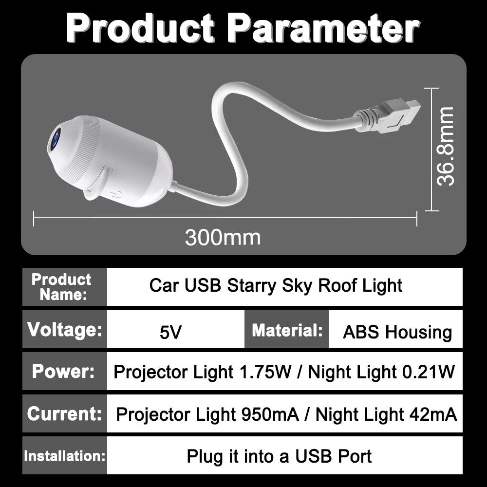 USB For Car Interior& Home Decor Roof Star Galaxy Projection Ambient Lighting 360° Adjustable Starry Sky Ambient Projector Light